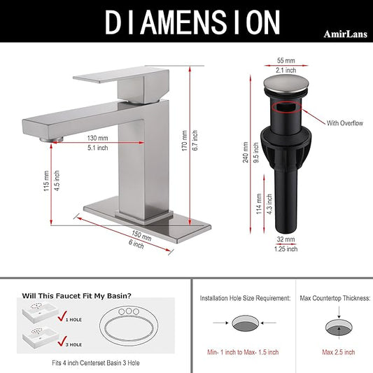 Single Hole Bathroom Faucet, AmirLans Stainless Steel Brushed Nickel Bathroom Faucet with Pop Up Stopper, Bathroom Sink Faucet AML-1141-BN