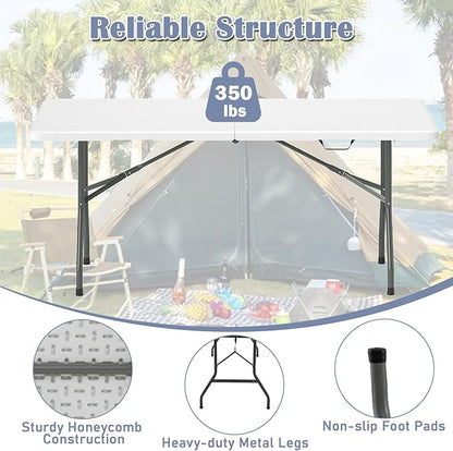Tangkula 6 FT Folding Table, Indoor Outdoor Foldable Plastic Table with HDPE Tabletop, Sturdy Metal Fame, Carrying Handle, Heavy Duty Portable Fold-in-Half Picnic Table for Camping BBQ Party