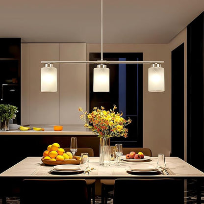 3-Light Kitchen Island Lighting Brushed Nickel Dining Room Light Fixture with Milk Glass Shade 31" Modern Linear Chandelier Adjustable Hanging Pendant Lighting Over Island Dining Table Living Room，E26