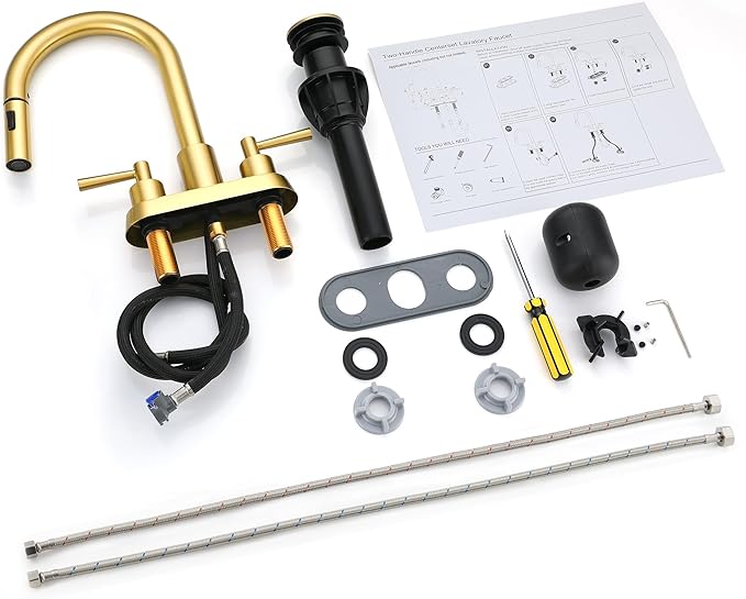 Bathroom Faucet with Pull Out Sprayer, Brushed Gold Bathroom Faucet 3 Holes, 2 Handle Bathroom Sink Faucet with 360 Degree Swivel Spout, Pop Up Drain Assembly Included