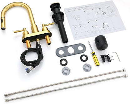 Bathroom Faucet with Pull Out Sprayer, Brushed Gold Bathroom Faucet 3 Holes, 2 Handle Bathroom Sink Faucet with 360 Degree Swivel Spout, Pop Up Drain Assembly Included