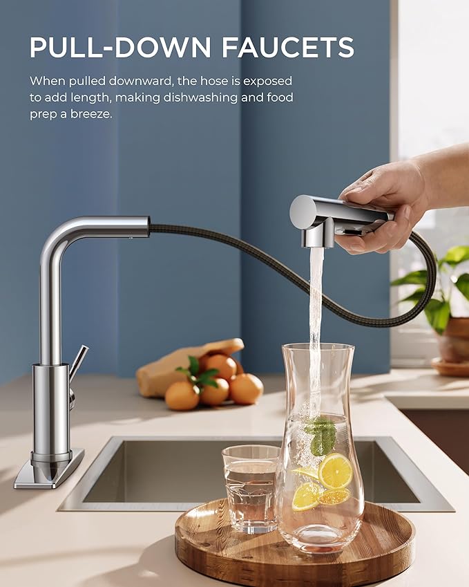 FORIOUS Kitchen Faucets with Pull Down Sprayer, Chrome Stainless Steel Single Handle Classic Pull Out Sink Faucet for Farmhouse Laundry RV Bar, with Deck Plate for 1 or 3 Holes