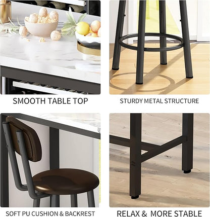 AWQM 3 Piece Bar Table Set of 2,39.3" Pub Bar Table and Chairs Set,Faux Marble Bar Height Table with 2 Backrest Stools,Small Dining Table for 2,Kitchen Table Set for Small Space,White & Brown(2 Set)