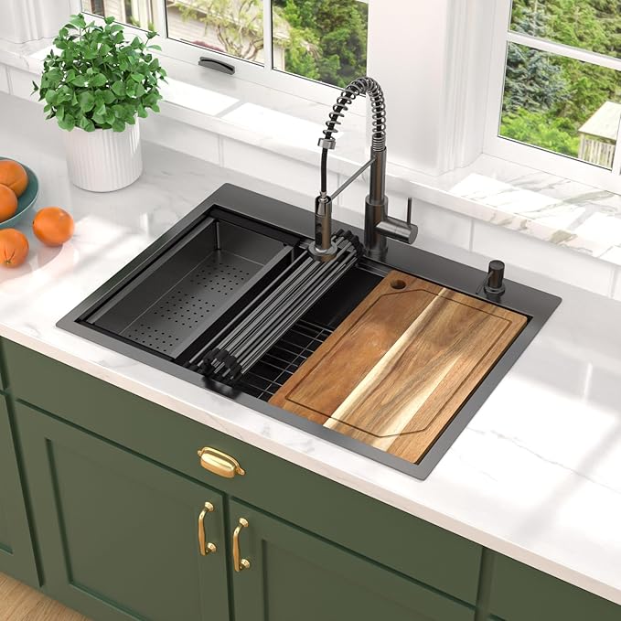 30 Inch Drop In Kitchen Sink with Faucet Combo - 30"x22" Workstation All-In One Gunmetal Black NANO-PVD 16 Gauge Stainless Steel Topmount Single Bowl Sink For Kitchen with Faucet #TLT-0023