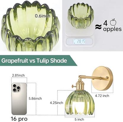 Shenmoyl Vintage Battery Operated Wall Sconce with Green Tulip Glass Lampshade Rechargeable Battery Powered Wall Light with Remote Control for Bedside Bedroom Doorway, Set of 2
