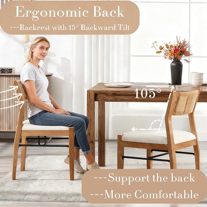 RIVOVA Farmhouse Woven Dining Chairs Set of 6 with Weave Paper Rope Back, Beige Linen Upholstered Kitchen & Dining Room Chairs with Natural Wood Legs, Mid-Century Armless Kitchen Side Chair