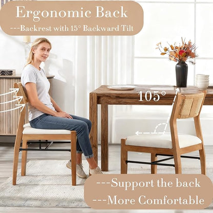 RIVOVA Farmhouse Woven Dining Chairs Set of 6 with Weave Paper Rope Back, Beige Linen Upholstered Kitchen & Dining Room Chairs with Natural Wood Legs, Mid-Century Armless Kitchen Side Chair