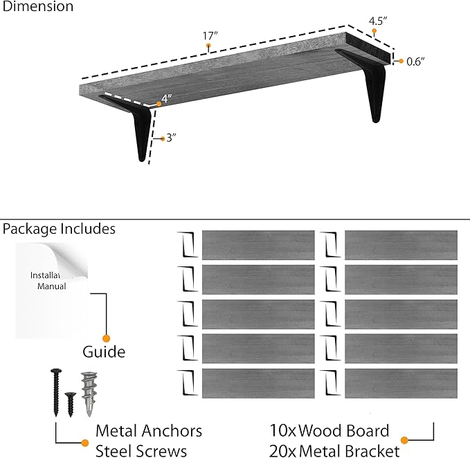 Wallniture Arras Wood Floating Shelves for Wall Storage, Small Bookshelf, Hanging Book Shelves for Living Room, Bedroom, Office, Burnt Finish, Set of 10 (Gray)