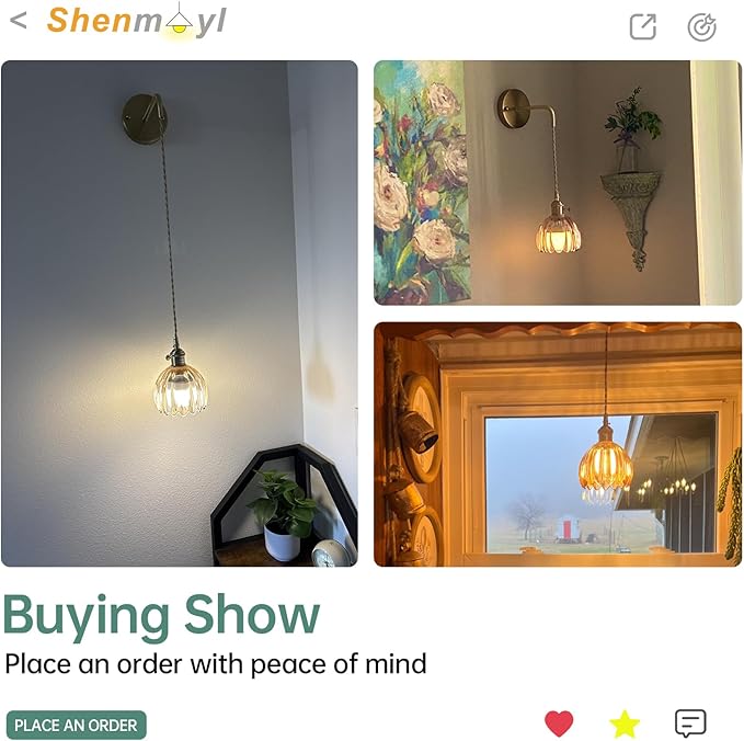 Shenmoyl Battery Operated Wall Sconce with Amber Tulip Shade Pattern Glass Adjustable Chain Retro Gold Wall Mounted Light, Modern Wall Lamp Fixtures Decor for Bedside Bedroom Indoor Doorway