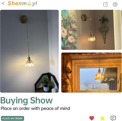 Shenmoyl Battery Operated Wall Sconce with Amber Tulip Shade Pattern Glass Adjustable Chain Retro Gold Wall Mounted Light, Modern Wall Lamp Fixtures Decor for Bedside Bedroom Indoor Doorway