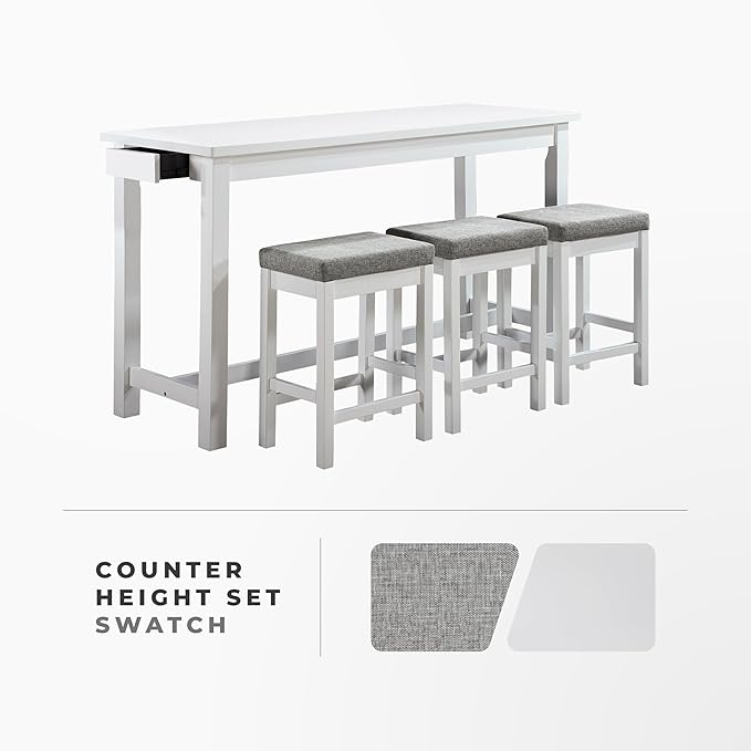 Lexicon Oreille Bar Table with Stools Set, Modern Console Table with Stools - 4-Piece Set with 2 USB Ports & A/C Power Outlets, Counter Height, Discrete Drawer, Perfect Dining Room & Kitchen White