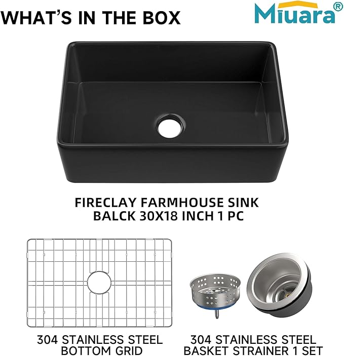 Miuara Black Farmhouse Sink 30 Inch - Apron Front Undermount Kitchen Sink Reversible 30"x18"x10", Farm House Style Single Bowl, Heavy Duty Solid Fireclay, Matte Black, for Kitchen