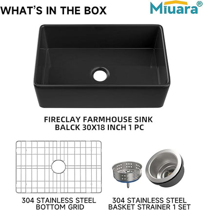 Miuara Black Farmhouse Sink 30 Inch - Apron Front Undermount Kitchen Sink Reversible 30"x18"x10", Farm House Style Single Bowl, Heavy Duty Solid Fireclay, Matte Black, for Kitchen