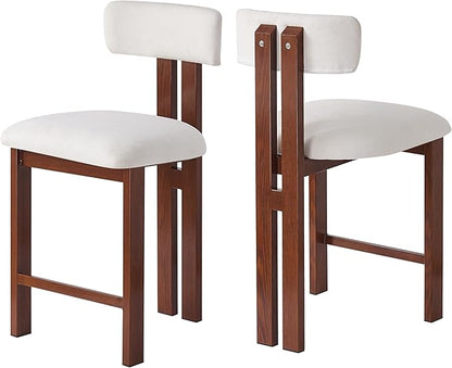 Set of 2 Modern Round Bar Stools with Low Back, 26.5" Height Upholstered Fabric Seats and Walnut Iron Frame for Kitchen Island, Dining Counter, Home Bar - White and Walnut