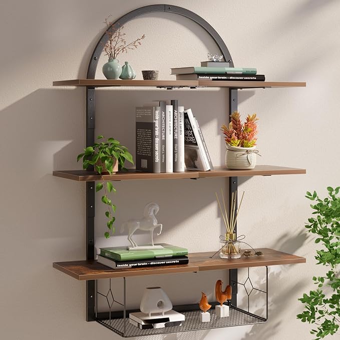 XLHOMO Floating Shelf for Wall- 31.5"x 24" 3+1 Tier Floating Shelves with Basket for Bathroom, Living Room,Bedroom and Kitchen Rustic Brown