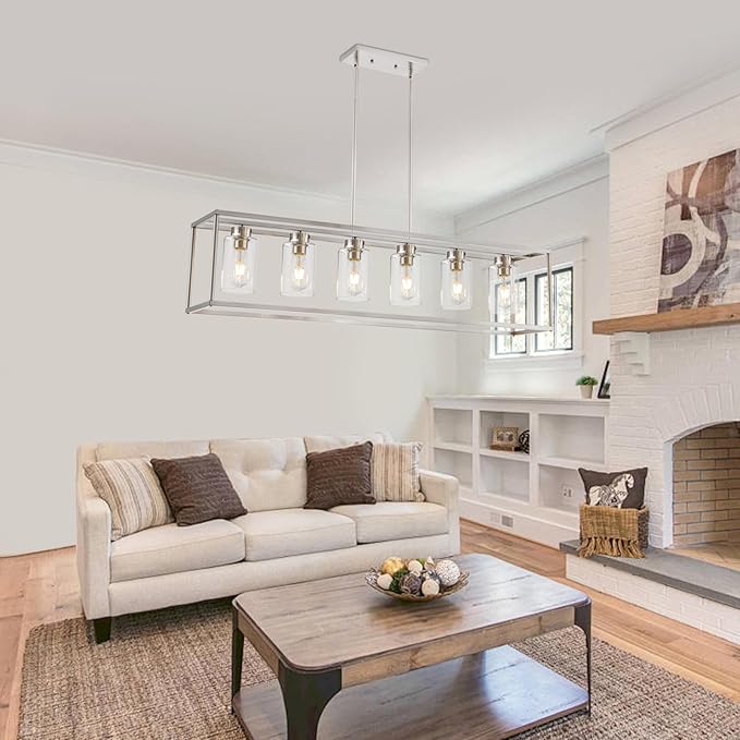 6 Light Brushed Nickel Dining Room Light Fixture Modern Farmhouse Chandelier Linear Hanging Pendant Lighting Rectangle for Kitchen Living Room Adjustable Height with Glass Shade