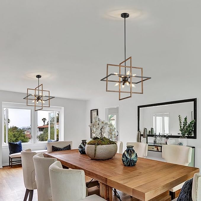 Farmhouse Chandelier, 8-Light Geometric Ceiling Light Fixture, 22” Height Adjustable Faux-Walnut Grain Metal Lamp for Foyer, Stairway, Living Room