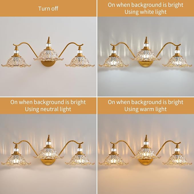 Vintage Bathroom Vanity Light Fixtures - 3 Light Antique Brass Bathroom Lights Fixture Over Mirror with Amber Flower Glass,Retro Brushed Gold Bronze Wall-Mounted Vanity Lighting for Powder Room