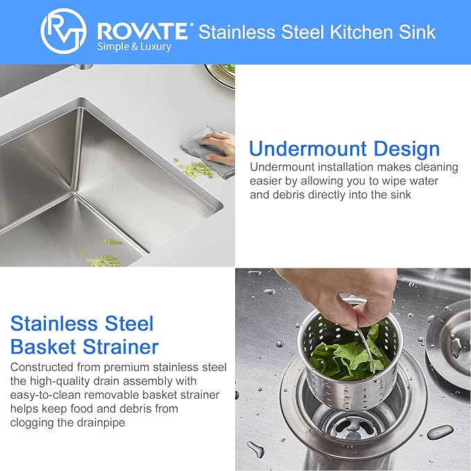 ROVATE 22 x 18 x 9 inch Kitchen Sink Undermount Single Bowl, 304 Stainless Steel Bar or Prep Kitchen Sink Handmade with Strainer