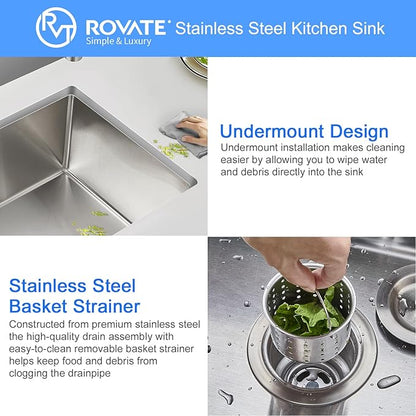 ROVATE 22 x 18 x 9 inch Kitchen Sink Undermount Single Bowl, 304 Stainless Steel Bar or Prep Kitchen Sink Handmade with Strainer