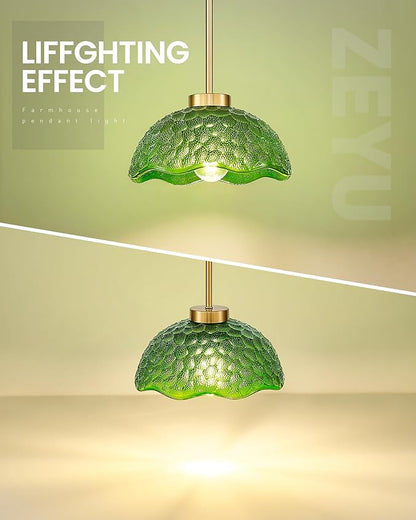 zeyu 10.4 Inch Vintage Kitchen Light Fixture, Hanging Ceiling Light Fixture, Brushed Gold Ceiling Pendant Light with Green Hammered Glass, ZJX116M1L BG G