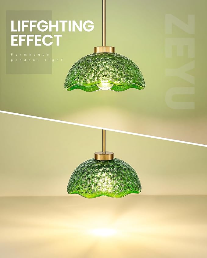 zeyu 10.4 Inch Green Glass Pendant Lightings, Brushed Gold 1 Light Island Light Fixtures, Hanging Lamps 2 Pack with Green Hammered Glass, ZJX116M1L-2PK BG G