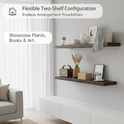 Lufia Floating Wall Shelves, Set of 2, MDF with Invisible Brackets, Modern Storage for Bedroom, Bathroom, Living Room, Kitchen (Rustic Brown, 28" W x 7" D x 1.5" H)
