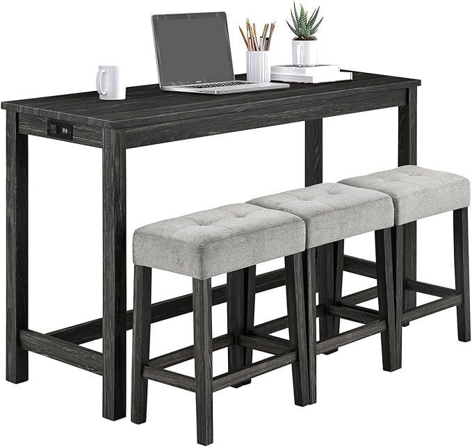 LKTART 4 Piece Bar Table Set Dining Bar Table and Chairs Set with Power Outlet Industrial Breakfast Table with 3 Padded Stools Rustic Bar Kitchen Dinning Room Living Room Black Grey