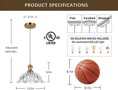 Gold Glass Pendant Lights, 10.6" 1-Light Vintage Hanging Light Fixtures with Flower Clear Glass, Antique Brushed Brass Pendant Lighting for Kitchen Island Sink Dining Room