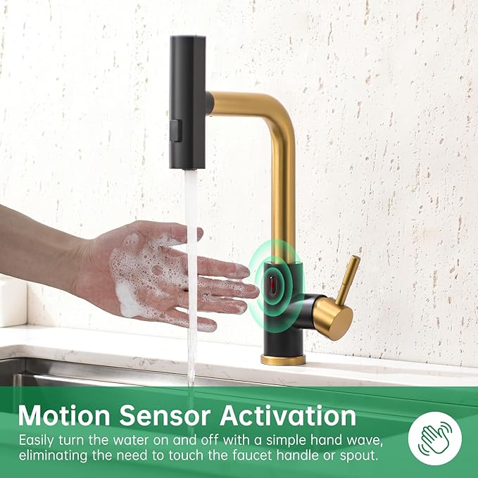 CENOSA Touchless Kitchen Faucet Motion Sensor Hands Free Single Handle Kitchen Sink Faucet with Pull Down Sprayer Black and Gold
