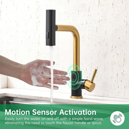CENOSA Touchless Kitchen Faucet Motion Sensor Hands Free Single Handle Kitchen Sink Faucet with Pull Down Sprayer Black and Gold