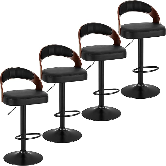 VECELO Bar Stool Set of 4, Kitchen Island Stools with Bentwood Back,Arm&Footrest,Island Chairs Adjustable Height PU Leather Cushion Seat,360°Swivel Bar Stools for Kitchen Counter,Club Pub,Black