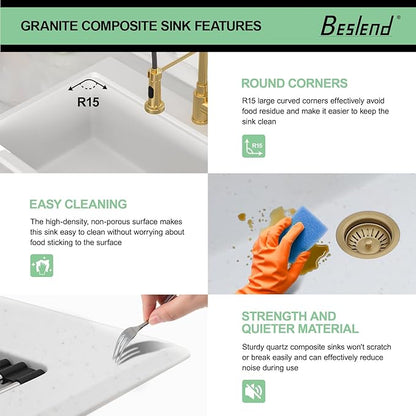 30 Granite Composite Kitchen Sink - Beslend 30x22 Drop In White Kitchen Sink, Topmount Granite Luxury Above Counter Worksation White Sinks Easy Clean Quartz Dish Basin for Kitchen Remodel