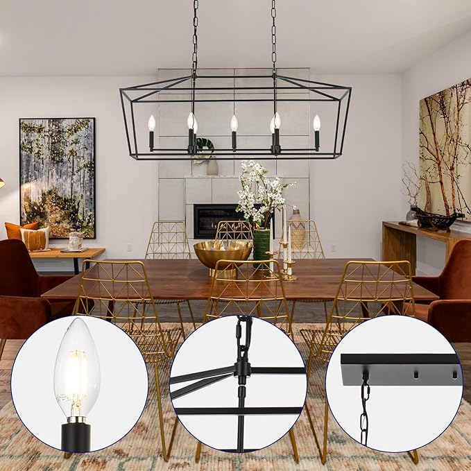 Lantern Island Light 7-Light Black Chandelier Dining Room Light Fixtures Over Table Rectangle Kitchen Island Chandeliers Modern Hanging Light Fixture