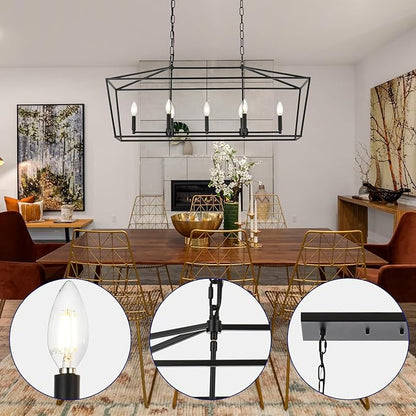 Lantern Island Light 7-Light Black Chandelier Dining Room Light Fixtures Over Table Rectangle Kitchen Island Chandeliers Modern Hanging Light Fixture