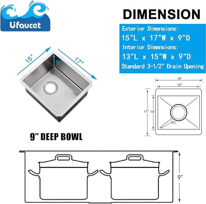 15 Inch Undermount Bar Sink, 15x17 Stainless Steel Small Wet Bar Sink 16 Gauge Handmade Prep Sink Single Bowl Small RV Kitchen Prep Sink with Strainer