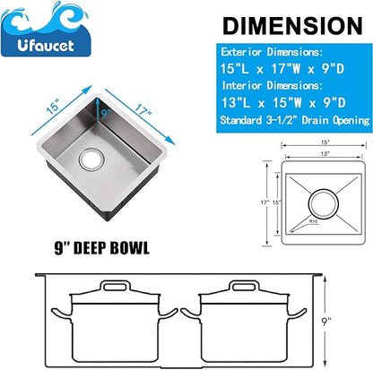 15 Inch Undermount Bar Sink, 15x17 Stainless Steel Small Wet Bar Sink 16 Gauge Handmade Prep Sink Single Bowl Small RV Kitchen Prep Sink with Strainer