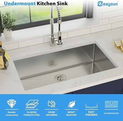33 Inch Undermount Kitchen Sink 16 Gague Stainless Steel Single Bowl Handmade Kitchen Sinks Large Deep Under Counter Basin 33"x19"x9"
