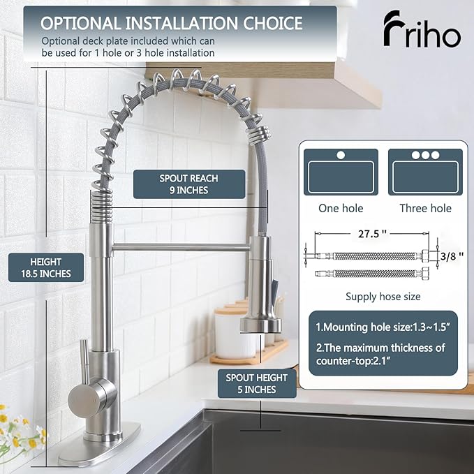 Friho Brushed Nickel Kitchen Faucets with Pull Down Sprayer, Stainless Steel Single Handle Kitchen Faucet, 1 Hole Or 3 Hole Dual Function Spring Pull Out Sink Faucets for Farmhouse RV Camper Laundry