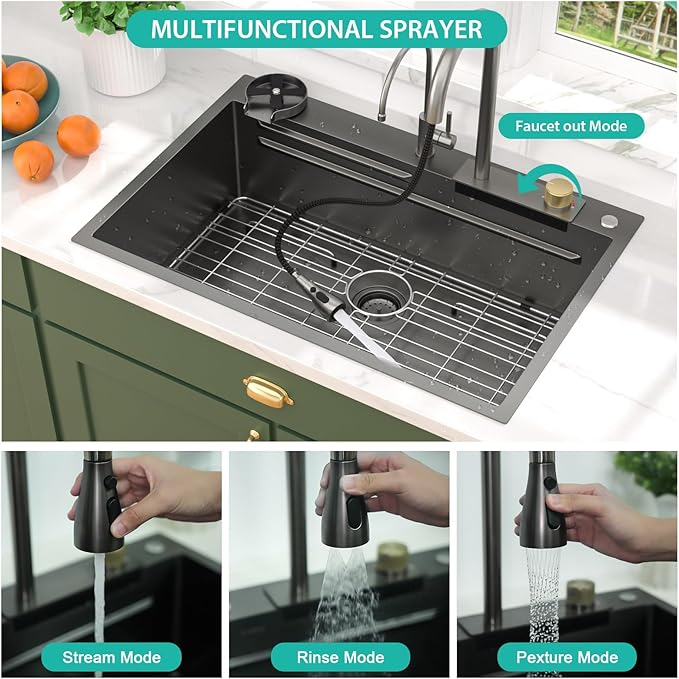 33x22 Gunmetal Black Drop In Kitchen Sink with Faucet, Waterfall Feature & Cup Washer, 16 Gauge 304 Stainless Steel, Workstation Accessories 3-Hole Sink for Residential Kitchen #TLWF-0001