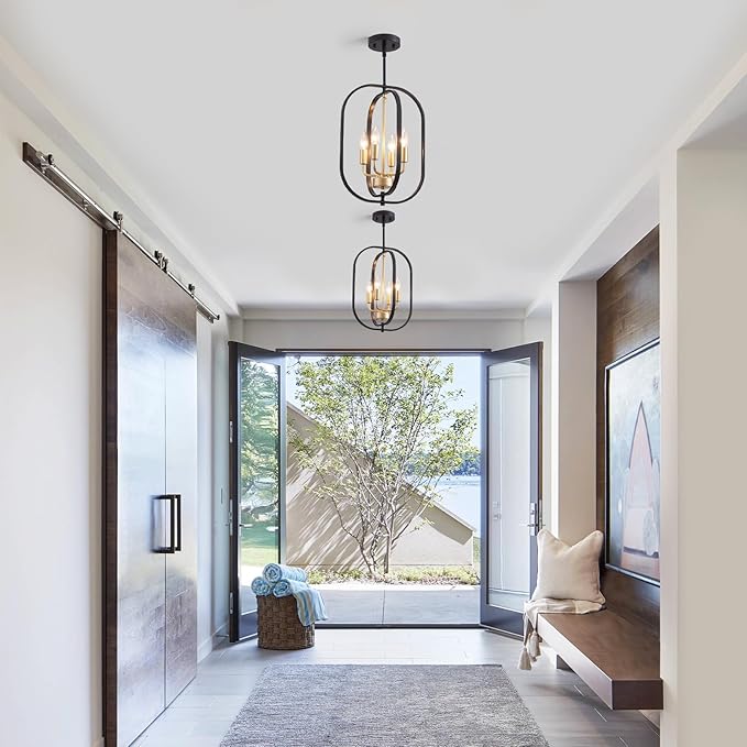 XINGQI Modern Black Gold Chandelier Farmhouse 4-Light for Dining Room, Geometric Adjustable Rustic Pendant Lighting Fixture for Entryway Living Room Kitchen Foyer