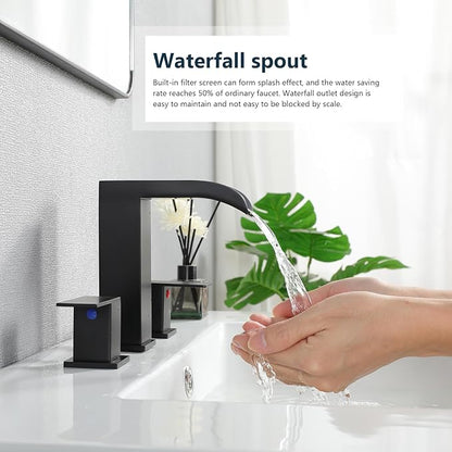 VCCUCINE Black Bathroom Faucet 3 Hole, 8 Inch Widespread Square Waterfall Bathroom Sink Faucet,Matte Black Vanity Bathroom Faucets for Vanity, Restroom, Commercial with Pop Up Drain and Supply Lines