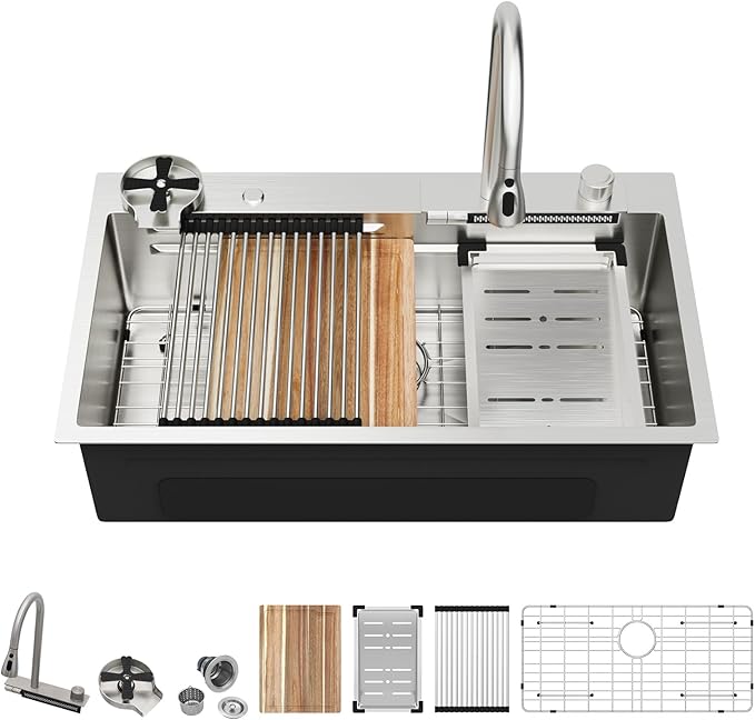 33 Inch Drop In Waterfall Kitchen Sink Workstation Smart 16 Gauge Stainless Steel Single Bowl Waterfall Sinks with Faucet Combo and Cup Washer Set