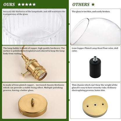 Shenmoyl Pendant Light with Clear Striped Glass Lmapshade, Brass Vintage Pendant Light Adjustable Hanging Light for Kitchen Island Dining Room Hallway