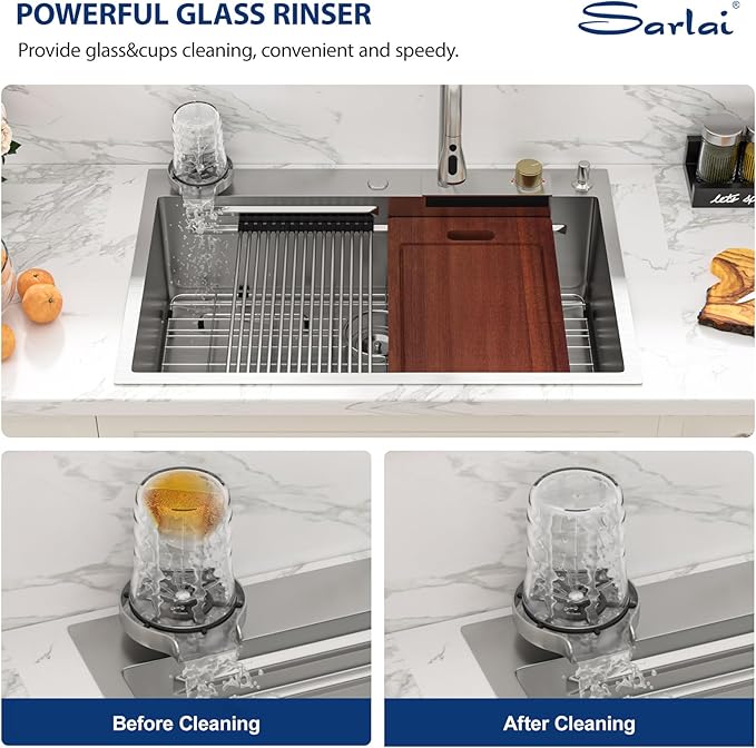 Sarlai 30 Inch Waterfall Kitchen Sink Drop In - 30x22 Waterfall Drop Workstation Stainless Steel 16 Gauge Multifunction Single Bowl Smart Top Mount Kitchen Sink with Faucet Combo