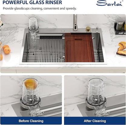 Sarlai 30 Inch Waterfall Kitchen Sink Drop In - 30x22 Waterfall Drop Workstation Stainless Steel 16 Gauge Multifunction Single Bowl Smart Top Mount Kitchen Sink with Faucet Combo
