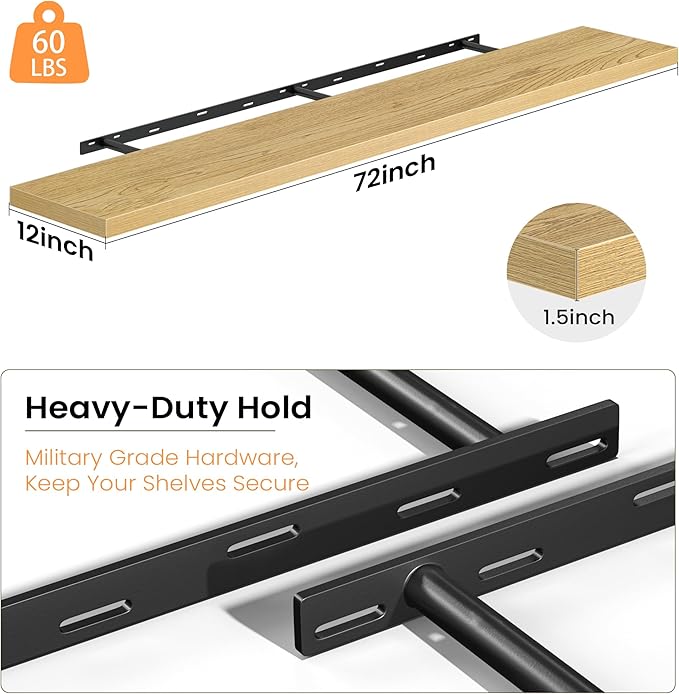 Fun Memories 72 Inch Floating Shelves, 12 Inch Deep Wall Shelf for Fireplace Mantel, Oak Deep Storage Shelves for Home & Office, Long Floating Shelf with Invisible Bracket, Set of 2