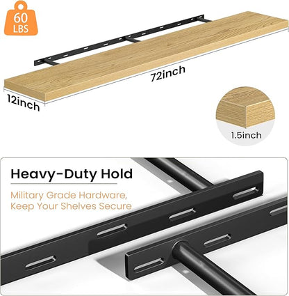 Fun Memories 72 Inch Floating Shelves, 12 Inch Deep Wall Shelf for Fireplace Mantel, Oak Deep Storage Shelves for Home & Office, Long Floating Shelf with Invisible Bracket, Set of 1