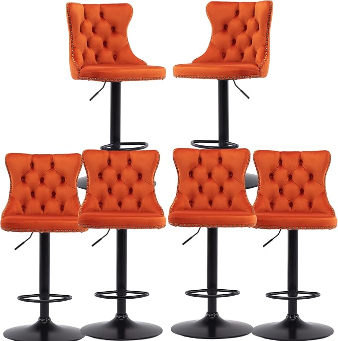 Rhomtree Velvet Swivel Bar Stools Upholstered Bar Stool with Button Tufted Back and Pull Ring Height Adjustable Barstools 25-33 Inch for Home Pub and Kitchen Island (Orange with Black Base, Set of 6)