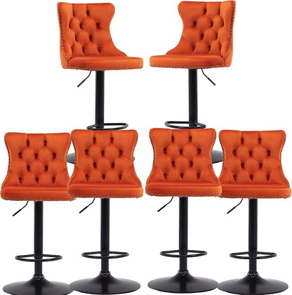 Rhomtree Velvet Swivel Bar Stools Upholstered Bar Stool with Button Tufted Back and Pull Ring Height Adjustable Barstools 25-33 Inch for Home Pub and Kitchen Island (Orange with Black Base, Set of 6)